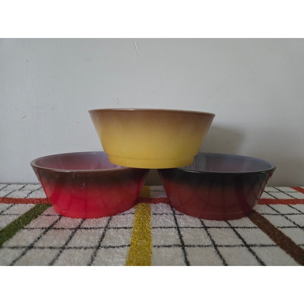 Vtg Fire-King Anchor Hocking Ombre Milk Glass Bowls Set of 3 Yellow Red Brown